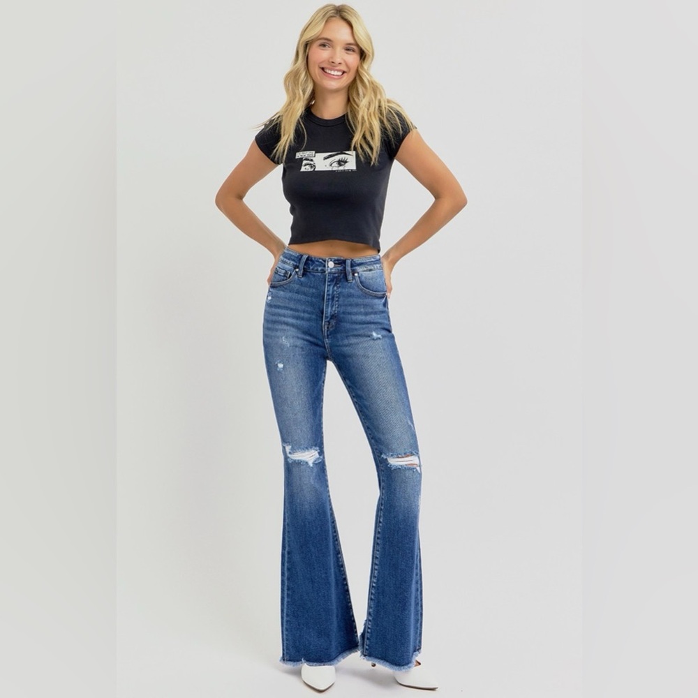 RISEN Full Size High Rise Distressed Raw Hem Flare Jeans